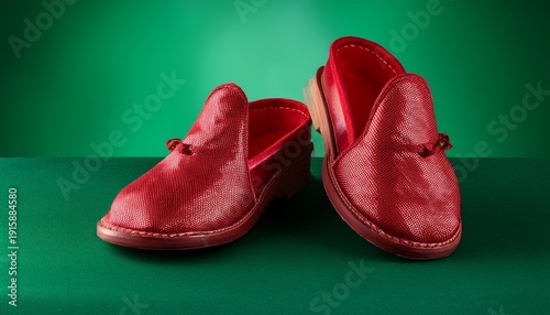 A Pair Of Ruby Slippers Against An Emerald Green Background