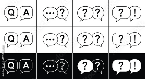 Question and Answer Speech Bubble Icon Set Featuring Q&A Symbols, Frequently Asked Questions, Help Desk Support, and Customer Communication Elements for Web Design