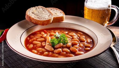 Serbian Bean Soup Or Pasulj Stew With Bread And A Beer