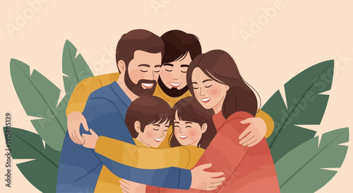 Warm Family Hug Illustration. Parents and two happy kids embracing, symbolizing love, care, and togetherness.