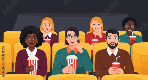 Diverse Audience Watching Movie in Cinema. People Eating Popcorn and Drinking Soda during Film Screening in a Darkened Theater Hall.