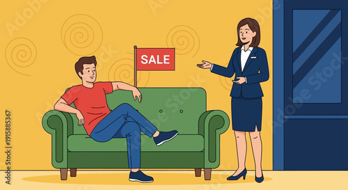 Furniture Sale Illustration: Saleswoman showing a discounted sofa to a male customer in a retail showroom.