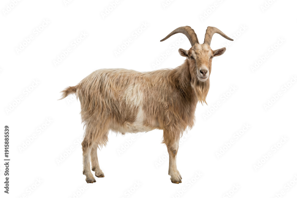Fototapeta premium Adult goat with horns isolated on white background, PNG