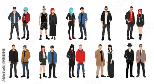 Set of Modern Youth Characters with Diverse Fashion Styles: Casual, Punk Rock, Goth, Hipster, and Business Attire Avatars