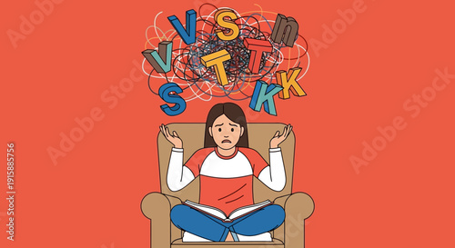 Student Overwhelmed by Tangled Letters: Conceptual Illustration of Dyslexia, Reading Difficulty, and Information Overload Stress