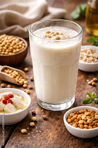 Creamy Soy Milk Drink Surrounded by Healthy Ingredients on Rustic Wooden Table