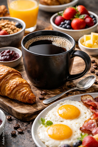 Delightful Breakfast Spread with Coffee, Eggs, Berries, and Croissant