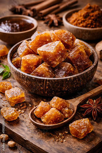 Natural Brown Sugar Cubes and Ingredients for Baking and Cooking on Wooden Table