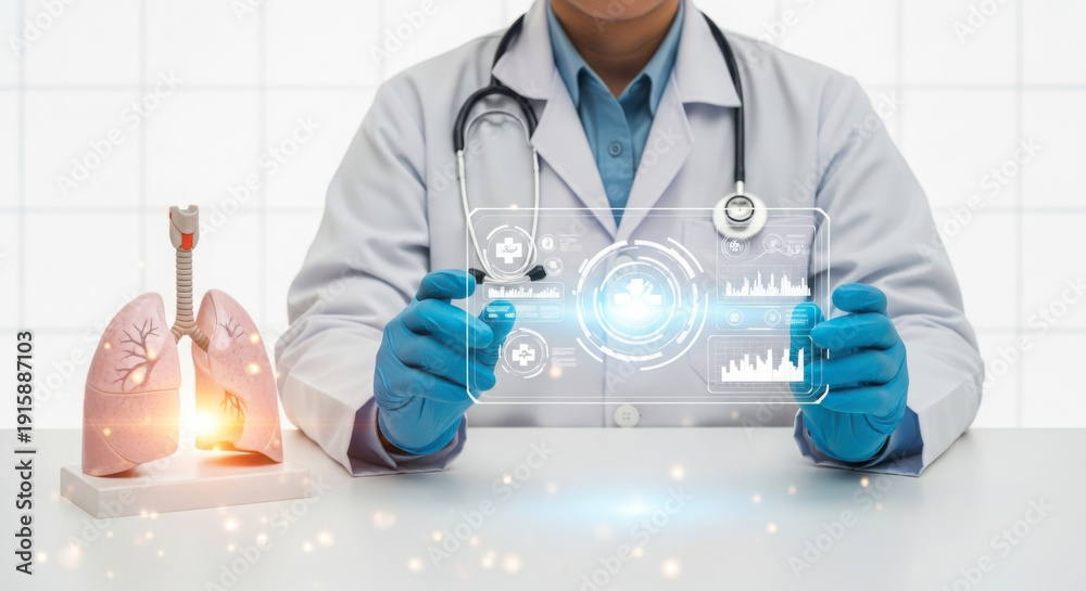 Fototapeta premium Doctor in white coat analyzing lung health with futuristic interface