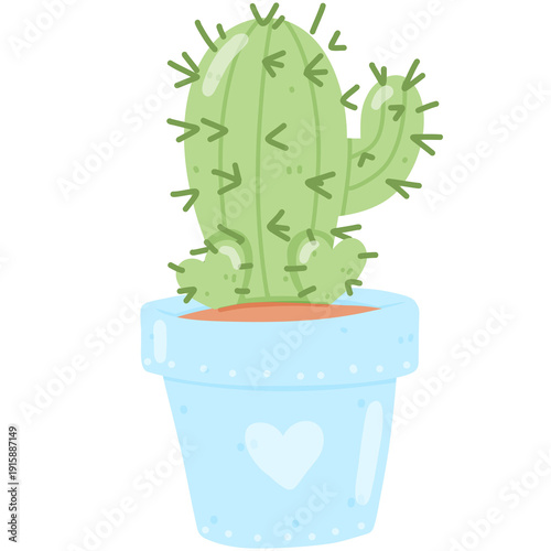 Hand-drawn cute potted cactus illustration, kawaii succulent heart-patterned pot