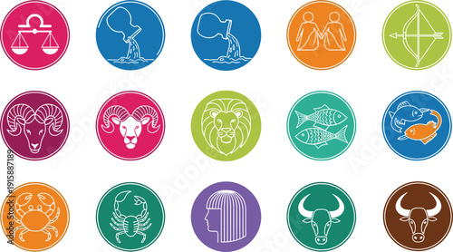 Colorful circular zodiac icons featuring artistic representations of all astrological signs, ideal for astrology, horoscope, mystic design, and symbolic visuals.