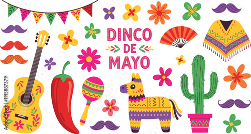 Colorful Cinco de Mayo celebration illustration with Mexican cultural icons — piñata, guitar, chili, cactus, poncho, maraca, and festive decorations.