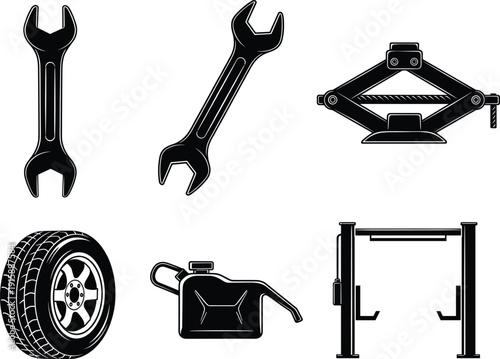 Car repair tools vector illustration, mechanic wrench, oil can, tire, car jack, garage lift, automotive service, workshop equipment, vehicle maintenance icons