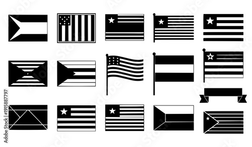 
Black and white national flag icon vector set with generic country symbols isolated