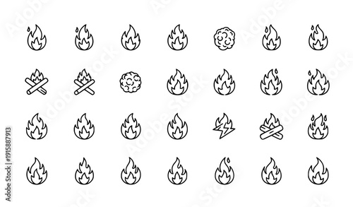 
Minimal fire flame icon vector set with flat burning and energy symbols isolated on white