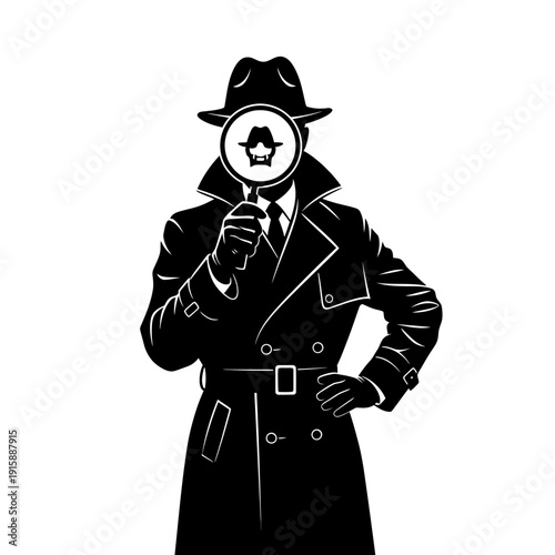 Detective in trenchcoat and fedora examining clues with magnifying glass - illustration from a frontal viewpoint