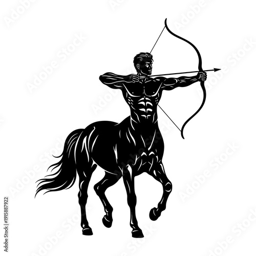 Dynamic centaur drawing bow in myth stance illustration from frontal viewpoint