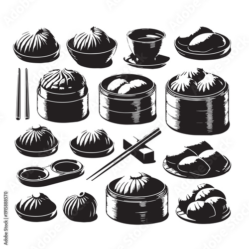 Black Dim Sum Silhouette Vector, High Quality Illustration on White Background