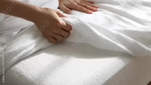Close up of female hands making the bed and smoothing fresh white linens in the morning.