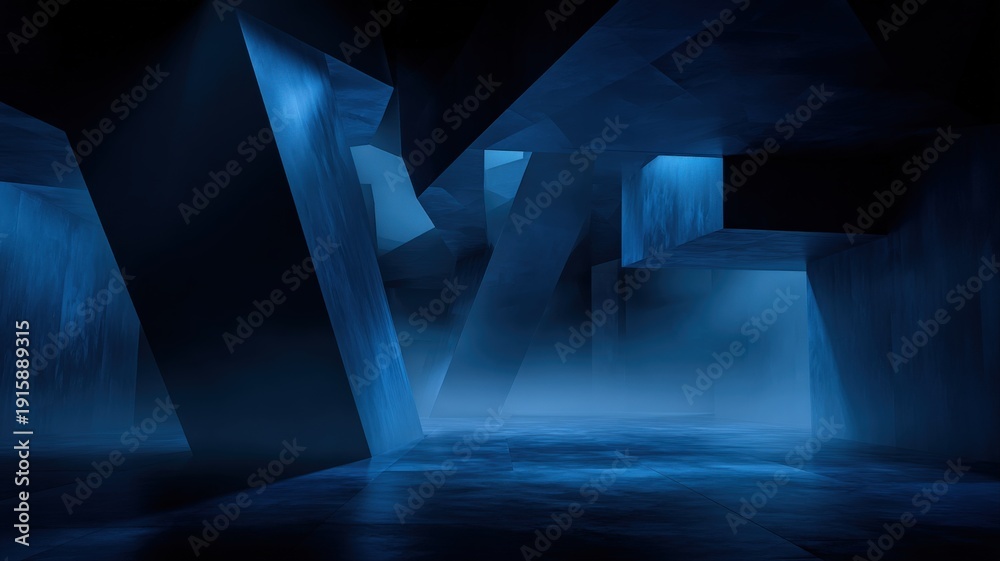 Fototapeta premium Abstract Blue Interior with Geometric Shapes and Fog, Ideal for Modern Design Concepts and Backgrounds