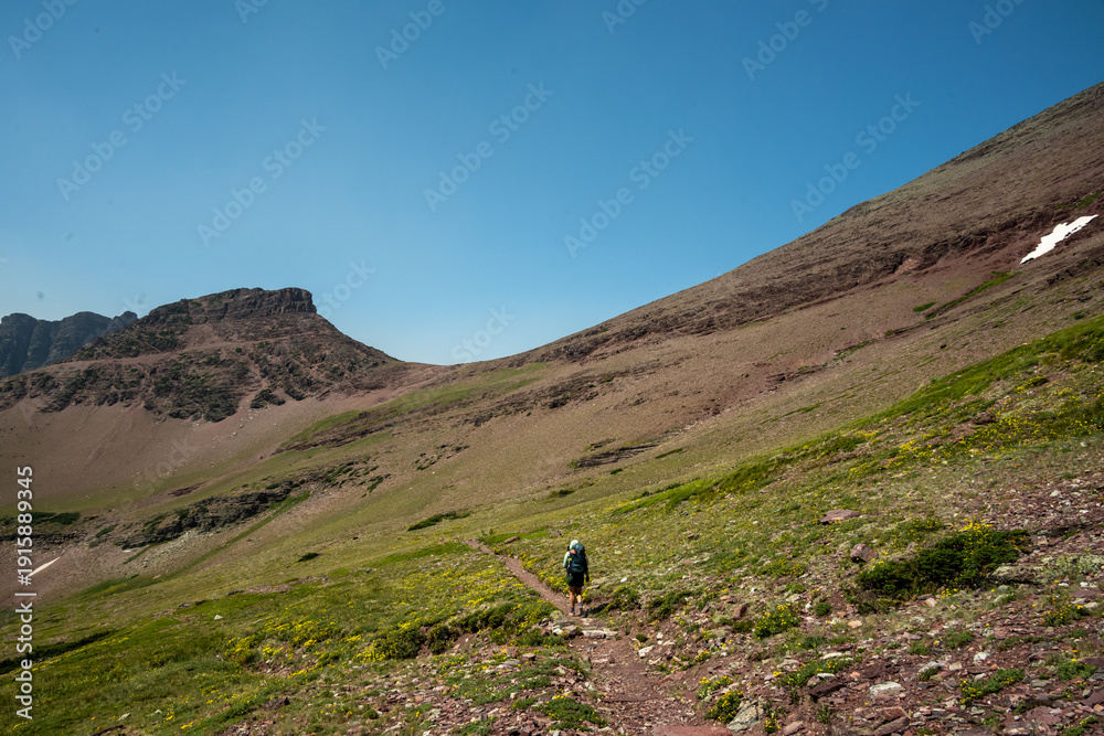 Fototapeta premium Backpacker Heading Up To Red Gap Pass In Glacier