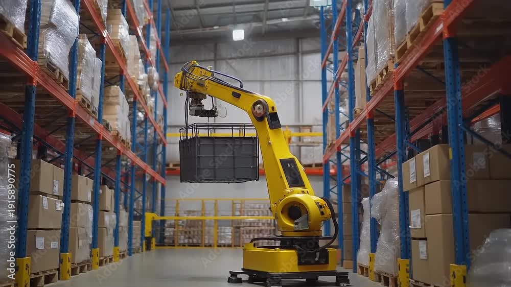 Vidéo Stock Yellow autonomous mobile robot arm sorting packages in a ...