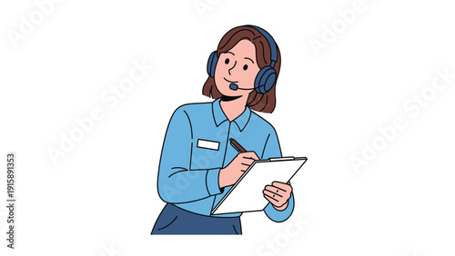 Smiling Call Center Agent with Headset, Clipboard & Pen. Customer Support & Service Concept Illustration