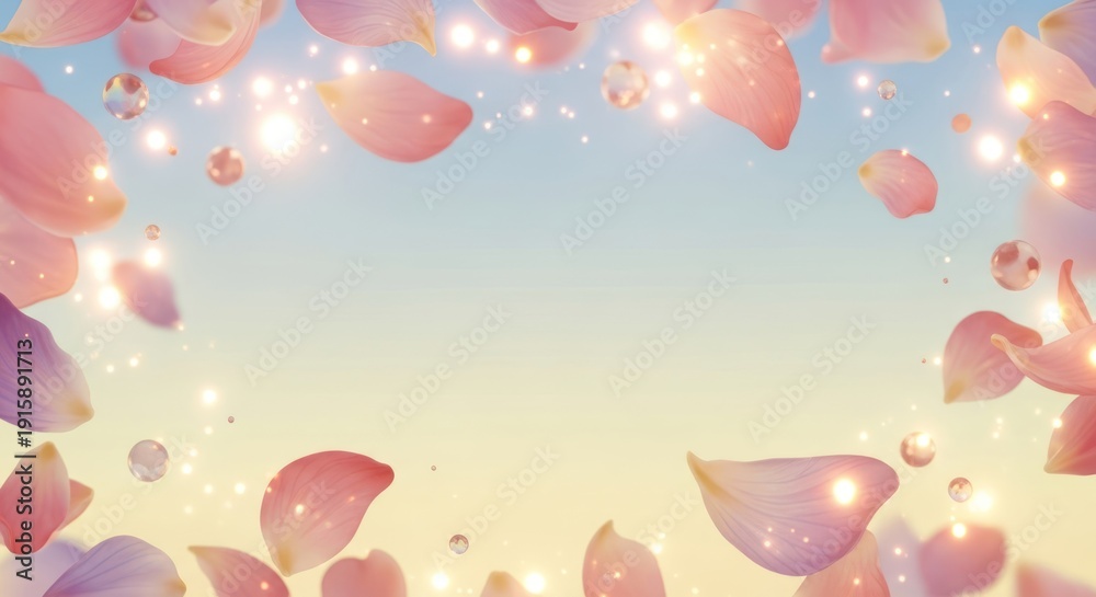 Fototapeta premium Dreamy falling pink flower petals with sparkling lights on a soft gradient background