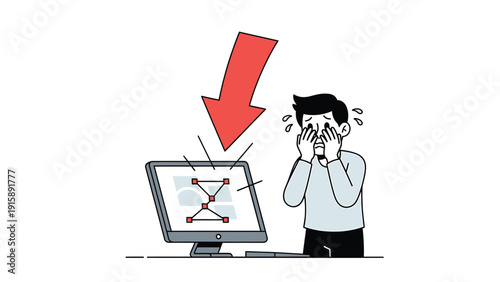 Man panicking over network error on computer screen. Technical problem illustration.