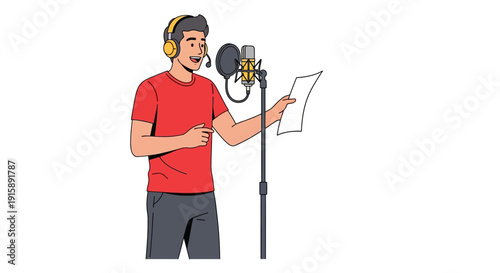 Young Man Voice Actor Recording Podcast or Radio Show. Professional Broadcaster with Studio Microphone and Headphones Holding Script.