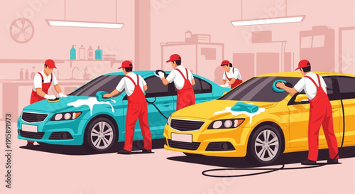 Professional Car Wash and Auto Detailing Service. Workers in Uniform Scrubbing and Polishing Two Cars (Yellow and Blue) in a Modern Garage.