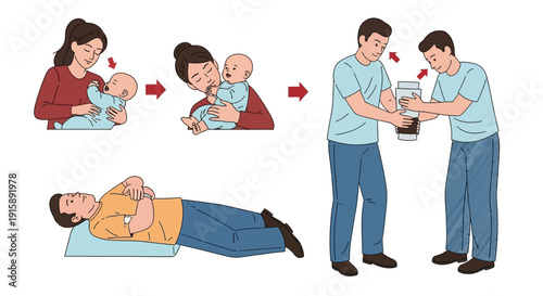 Illustrated Vector Set: Parental Care (Mother and Baby), Men Collaborating and Sharing, and Person Resting. Graphic Resource for Instructions and Well-being.