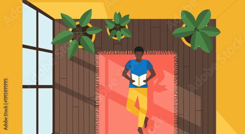 Black Man Reading Book on Floor Rug | Cozy Home Leisure Activity | Flat Vector Illustration, Top View