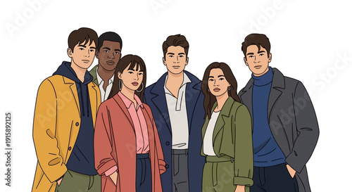 Stylish Diverse Group Portrait Vector Illustration. Young Multiracial Professionals in Modern Fashion Coats Standing Together on White Background.