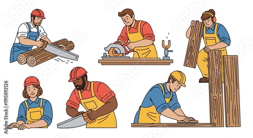 Collection of Woodworkers, Carpenters, and Builders Working with Wood Planks and Tools, Diverse Professionals in Construction and Craftsmanship.