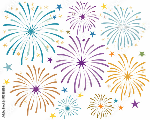 Colorful fireworks display with sparkling stars against a white background