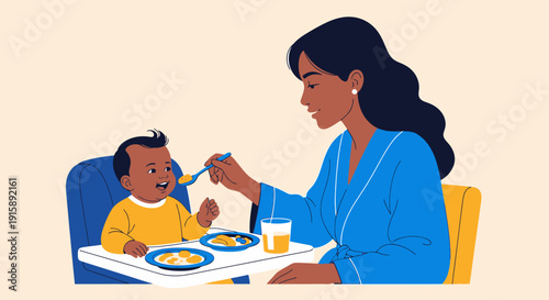 Black Mother Feeding Happy Baby Solid Food in High Chair. Family Mealtime, Parenting, and Child Nutrition Flat Vector Illustration.