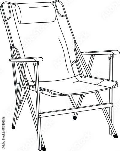 A simple line drawing of a folding chair with a high back and armrests.