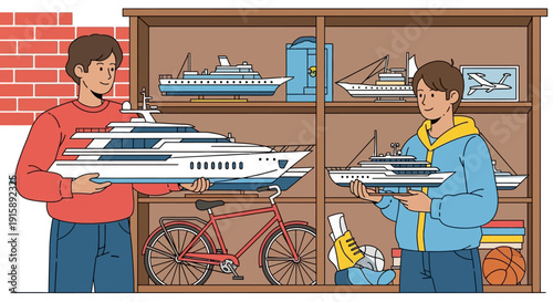 Hobby Collection Display: Two Men Holding Large Model Yachts. Enthusiasts Admiring Boats, Storage Shelf with Bicycle, Sports Equipment, and Collector Items.