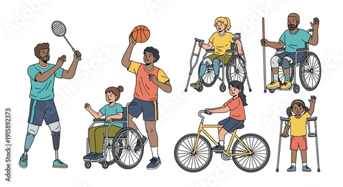 Diversity in Adaptive Sports. People with disabilities playing basketball, badminton, and cycling, using wheelchairs, prosthetics, and mobility aids.
