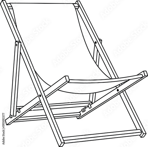 A simple line drawing of a folding deck chair in a minimalist style.