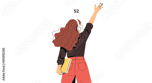 Enthusiastic Young Woman with Headphones Holding Book Raising Hand Up. Flat Vector Illustration of Student Celebrating Success or Participating.