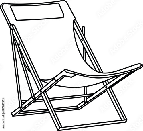 A simple line drawing of a folding deck chair with a reclined backrest.