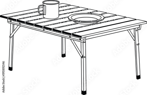 A simple line drawing of a portable camping table with a mug on it.