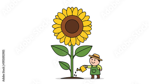 Little cartoon gardener in hat and overalls watering a large, vibrant sunflower plant, symbolizing growth and care.