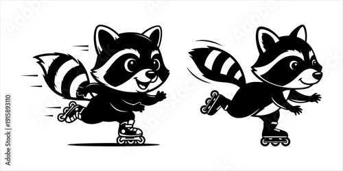 Cute Raccoon Characters Roller Skating in Black and White Illustration