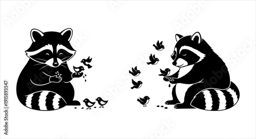 Charming illustration of raccoons feeding and interacting with tiny birds