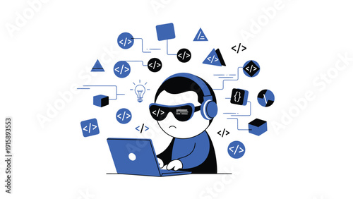 Cartoon programmer coding on laptop with tech icons. Software development, data analysis, and innovation concept.