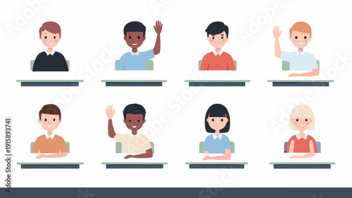 Diverse group of students with raised hands in a classroom setting
