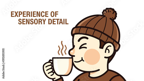 Cartoon person in beanie enjoying hot drink, cozy sensory detail illustration